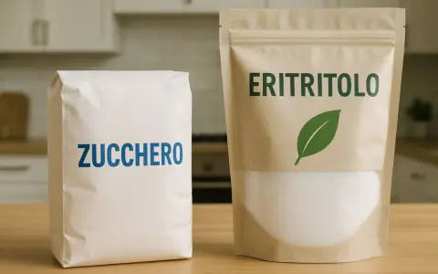 Sacchetto di zucchero e confezione di eritritolo. Attenzione, l'eritritolo fa male, meglio lo zucchero?