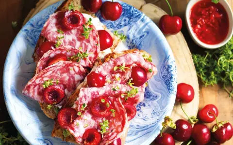 Bruschette con salame e varietà ciliegie giganti, guarnite con erbe aromatiche. Un connubio di sapori audace e invitante.
