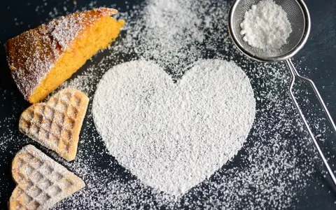 Un cuore di zucchero a velo, un pezzo di torta arancione e due biscotti a forma di cuore. Ecco come fare lo zucchero a velo per decorare dolci.