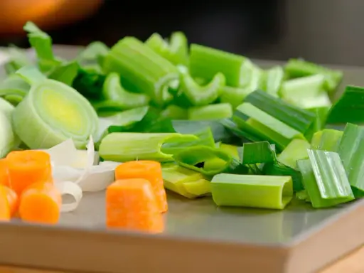 Carote, porri e sedano tagliati a pezzi, ingredienti perfetti per imparare come fare brodo vegetale.