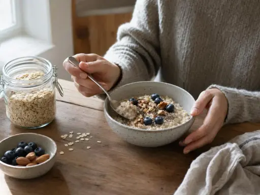 Persona che gusta una ciotola di fiocchi d'avena con mirtilli e noci. Un barattolo di fiocchi d'avena è visibile. Ecco come mangiare i fiocchi d'avena per una colazione sana.