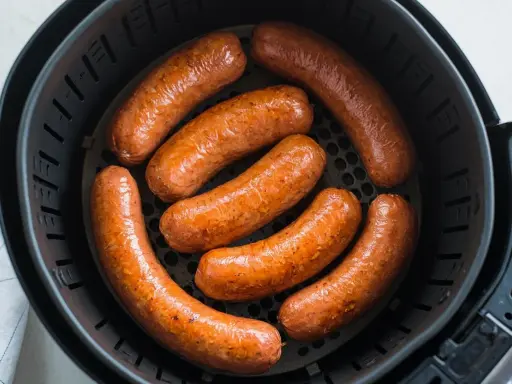 Sette salsicce dorate e succulente cuociono nella friggitrice ad aria, pronte per essere gustate.