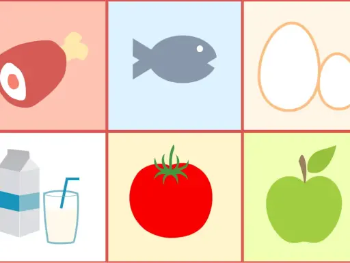 Sei vegetariano? Non preoccuparti, puoi mangiare il pesce! L'immagine mostra carne, pesce, uova, latte, pomodoro e mela.