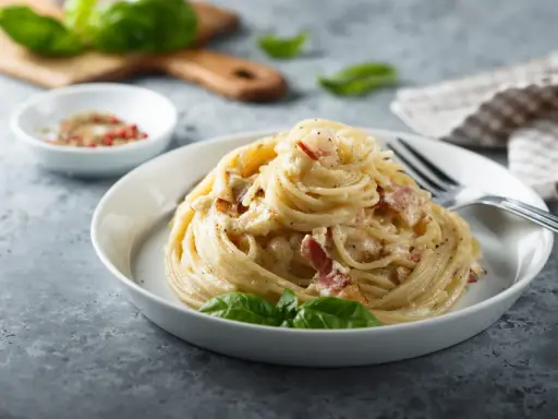 Un piatto di spaghetti alla carbonara, perfetto per la giornata della carbonara, guarnito con basilico fresco.