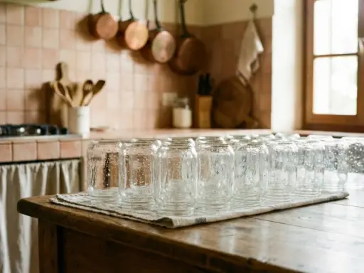 Una fila di vasetti di vetro puliti, pronti per imparare come sterilizzare i vasetti per le conserve. La cucina rustica fa da sfondo.