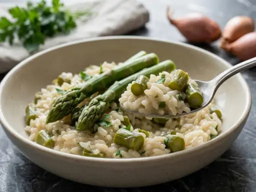 Un cremoso risotto con asparagi freschi, guarnito con prezzemolo tritato. Una forchettata mostra la consistenza perfetta.