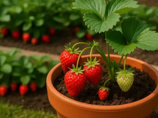 Fragole mature e verdi in vaso, pronte per essere raccolte. Un buon inizio per capire come conservare le fragole fresche.