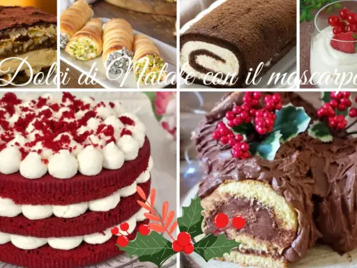 Collage di dolci natalizi: tiramisù, cannoli, tronchetto al cioccolato, torta Red Velvet e coppetta con frutti rossi. Un tripudio di sapori, con il mascarpone protagonista.