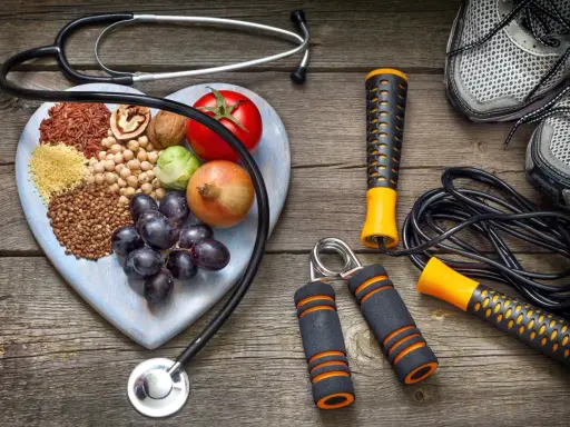 Stetoscopio, cuore di legno con 20 alimenti che alzano la pressione, attrezzi per fitness e scarpe da corsa.