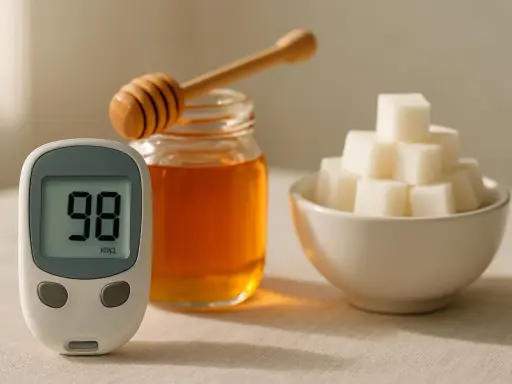 Glucosio a 98. Un barattolo di miele con un mestolo e zollette di zucchero. Il miele alza la glicemia.