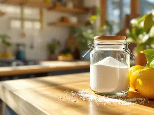 Barattolo di acido citrico e limoni su un tavolo di legno, pronti per vari usi domestici e di pulizia.
