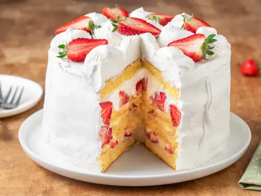 Torta fragole e panna, soffice pan di Spagna farcito con panna montata e tante fragole fresche, decorata con fragole a fette e ciuffi di panna.