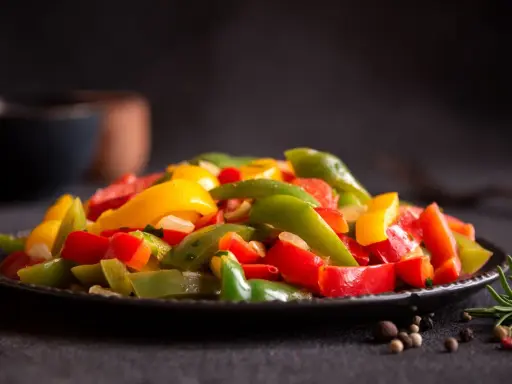 Peperoni colorati, cotti alla perfezione nella friggitrice ad aria, serviti su un piatto scuro. Un contorno sano e gustoso.