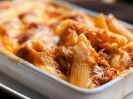 Piatto fumante di pasta pasticciata al forno, con penne ricoperte di sugo e formaggio fuso.