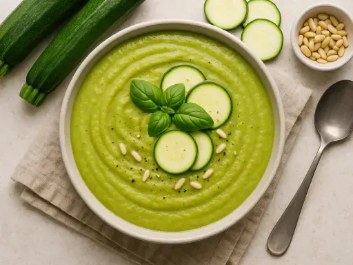 Vellutata di zucchine cremosa, guarnita con fette di zucchina, basilico e pinoli. Accanto, zucchine fresche e un cucchiaio.