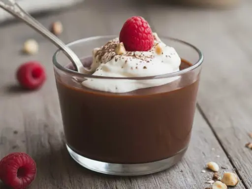 Budino fatto in casa al cioccolato, guarnito con panna montata, un lampone e nocciole tritate. Un cucchiaino d'argento è immerso nel dolce.