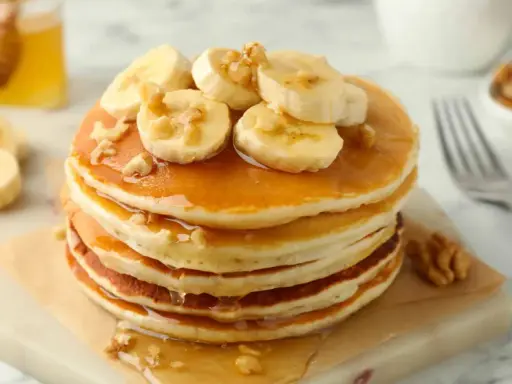 Pancakes leggeri con banane e noci, una deliziosa ricetta pancake light, guarniti con sciroppo d'acero e miele.