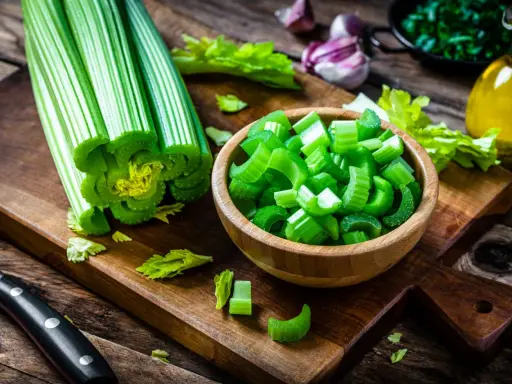 Sedano fresco, tagliato a pezzi in una ciotola, pronto per essere gustato. Verdure che non gonfiano la pancia, perfette per una dieta leggera e salutare.