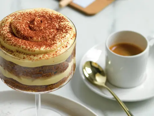 Delizioso tiramisù senza caffè, stratificato con crema e cacao, accanto a un espresso.