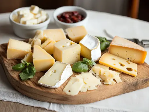 Selezione di formaggi misti su tagliere, con ciotole di formaggio a cubetti e marmellata. Un'idea per gustosi formaggi in gravidanza, con attenzione alla varietà.