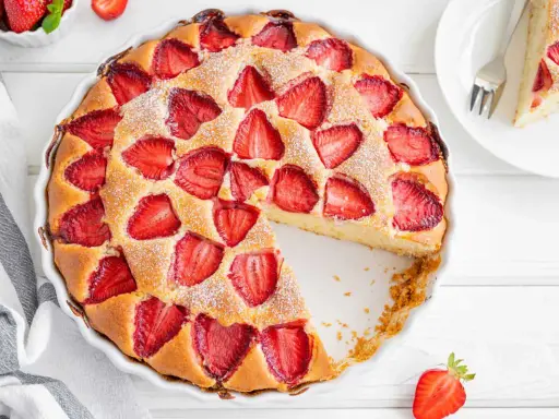 Torta alle fragole dorata, cosparsa di zucchero a velo, con fragole fresche affondate nell'impasto soffice. Una fetta è già stata servita.