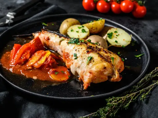 Un succulento piatto di coda di rospo cotta al forno, servita con pomodori e patate novelle.