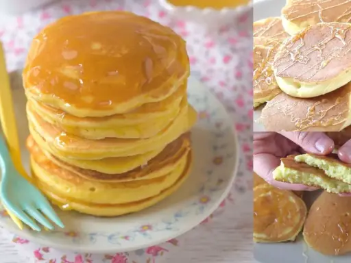 Pancake con farina di riso, soffici e dorati, impilati su un piatto con due forchette colorate. Alcuni sono guarniti con sciroppo.