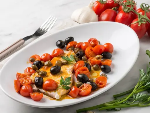 Un succulento pesce spada alla siciliana, condito con pomodorini, olive nere e capperi, guarnito con prezzemolo fresco.
