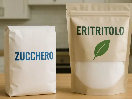 Sacchetto di zucchero e confezione di eritritolo. Attenzione, l'eritritolo fa male, meglio lo zucchero?