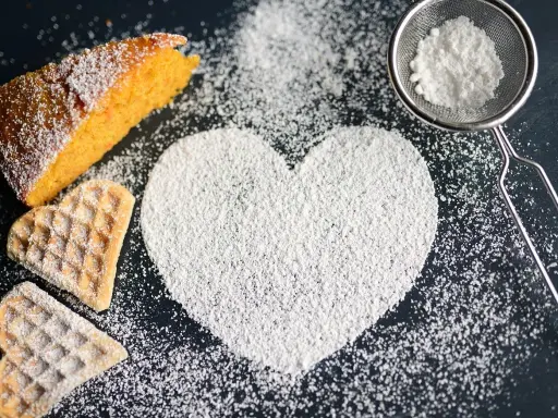 Un cuore di zucchero a velo, un pezzo di torta arancione e due biscotti a forma di cuore. Ecco come fare lo zucchero a velo per decorare dolci.
