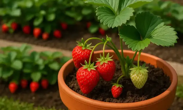 Fragole mature e verdi in vaso, pronte per essere raccolte. Un buon inizio per capire come conservare le fragole fresche.
