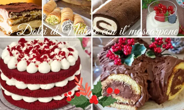 Collage di dolci natalizi: tiramisù, cannoli, tronchetto al cioccolato, torta Red Velvet e coppetta con frutti rossi. Un tripudio di sapori, con il mascarpone protagonista.