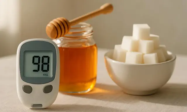 Glucosio a 98. Un barattolo di miele con un mestolo e zollette di zucchero. Il miele alza la glicemia.