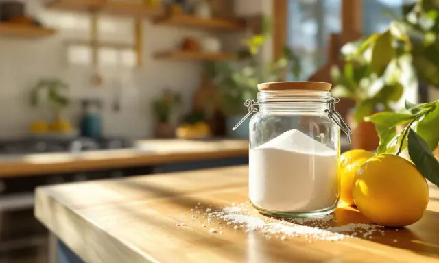 Barattolo di acido citrico e limoni su un tavolo di legno, pronti per vari usi domestici e di pulizia.