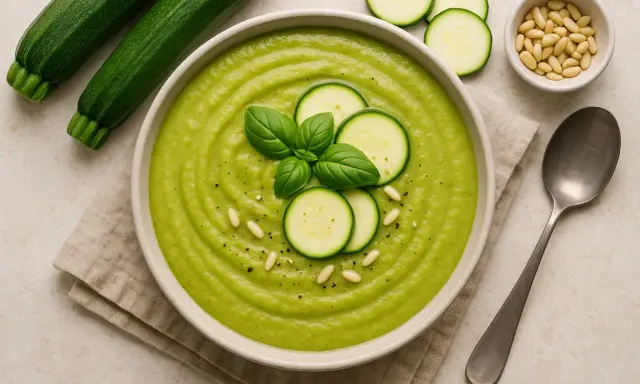 Vellutata di zucchine cremosa, guarnita con fette di zucchina, basilico e pinoli. Accanto, zucchine fresche e un cucchiaio.