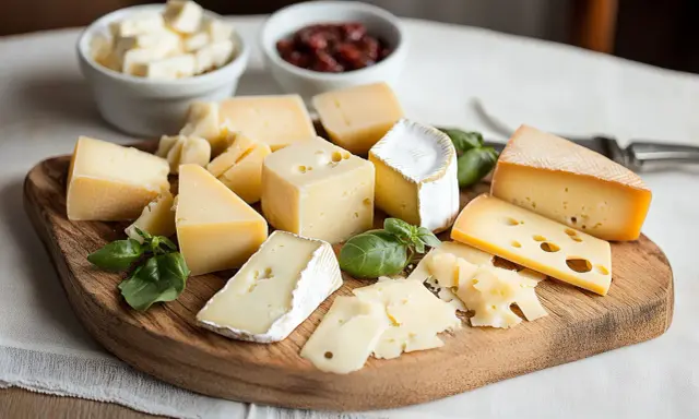 Selezione di formaggi misti su tagliere, con ciotole di formaggio a cubetti e marmellata. Un'idea per gustosi formaggi in gravidanza, con attenzione alla varietà.