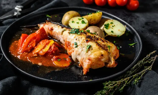 Un succulento piatto di coda di rospo cotta al forno, servita con pomodori e patate novelle.