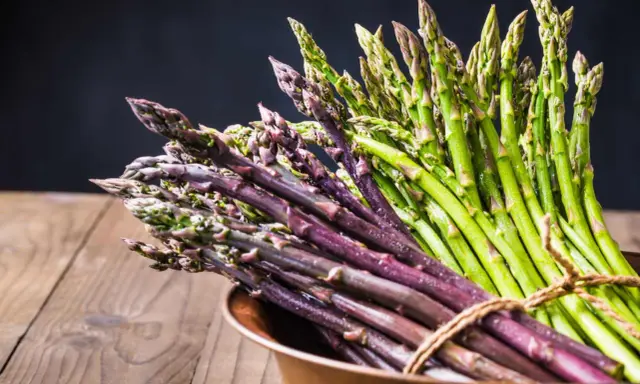 Mazzo di asparagi verdi e viola legati con spago, pronti per la cottura. Il tempo cottura asparagi varia a seconda della freschezza.