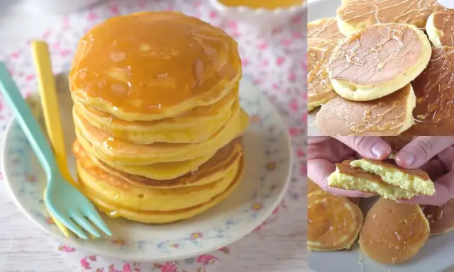 Pancake con farina di riso, soffici e dorati, impilati su un piatto con due forchette colorate. Alcuni sono guarniti con sciroppo.
