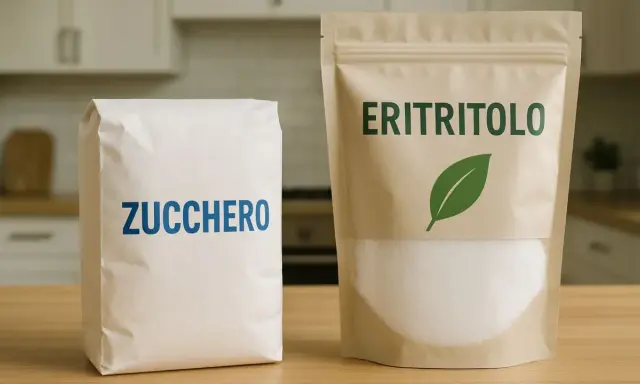 Sacchetto di zucchero e confezione di eritritolo. Attenzione, l'eritritolo fa male, meglio lo zucchero?