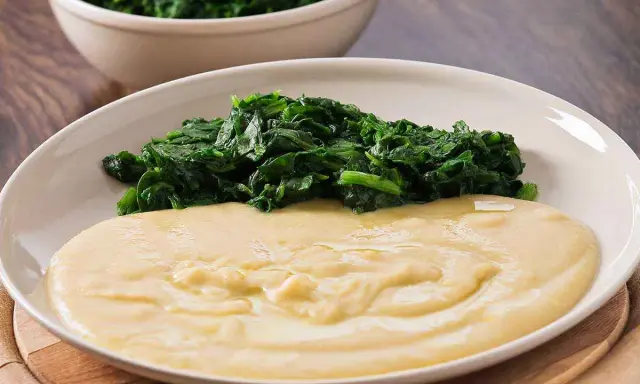 Piatto con purè di fave cremoso e spinaci saltati. Un contorno semplice e gustoso.