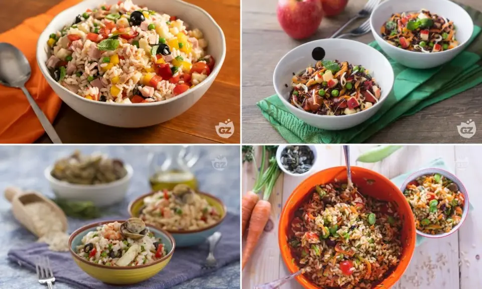 Quattro ciotole di colorata insalata di riso, con ingredienti freschi e vivaci, perfette per un pasto estivo.