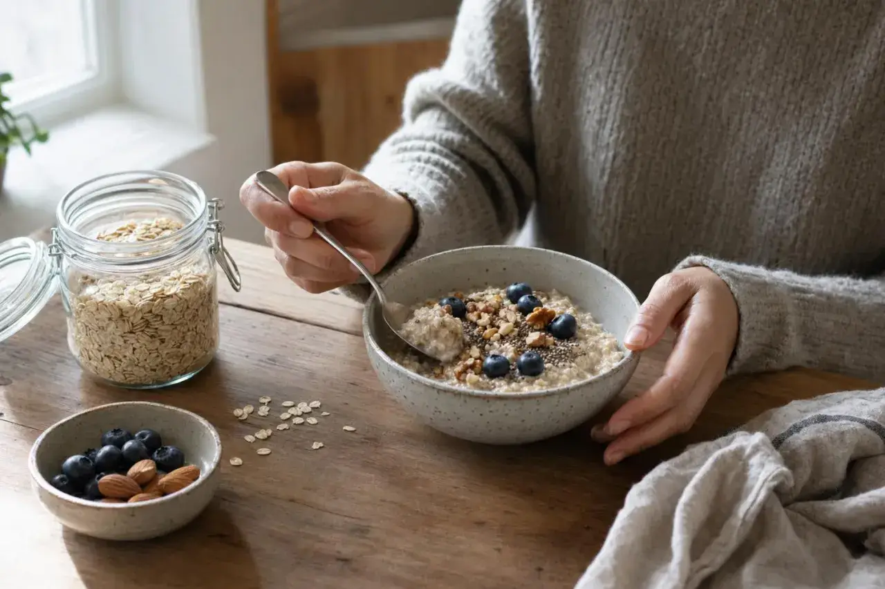 Persona che gusta una ciotola di fiocchi d'avena con mirtilli e noci. Un barattolo di fiocchi d'avena è visibile. Ecco come mangiare i fiocchi d'avena per una colazione sana.