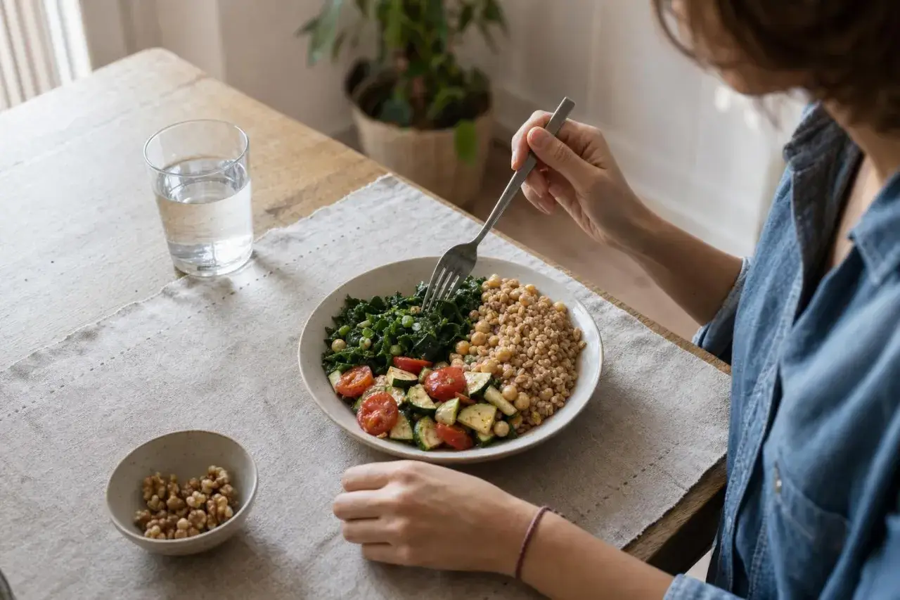 Donna mangia un piatto colorato con cereali, verdure e ceci, un pasto salutare per chi cerca come abbassare la glicemia.