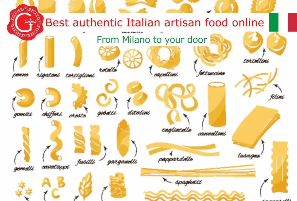 Variet&agrave; di tipi di pasta italiana, da penne a spaghetti, con nomi scritti a mano.