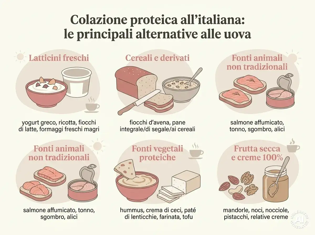 Illustrazione di alternative alla colazione proteica salata: yogurt, cereali, pesce, hummus e frutta secca.