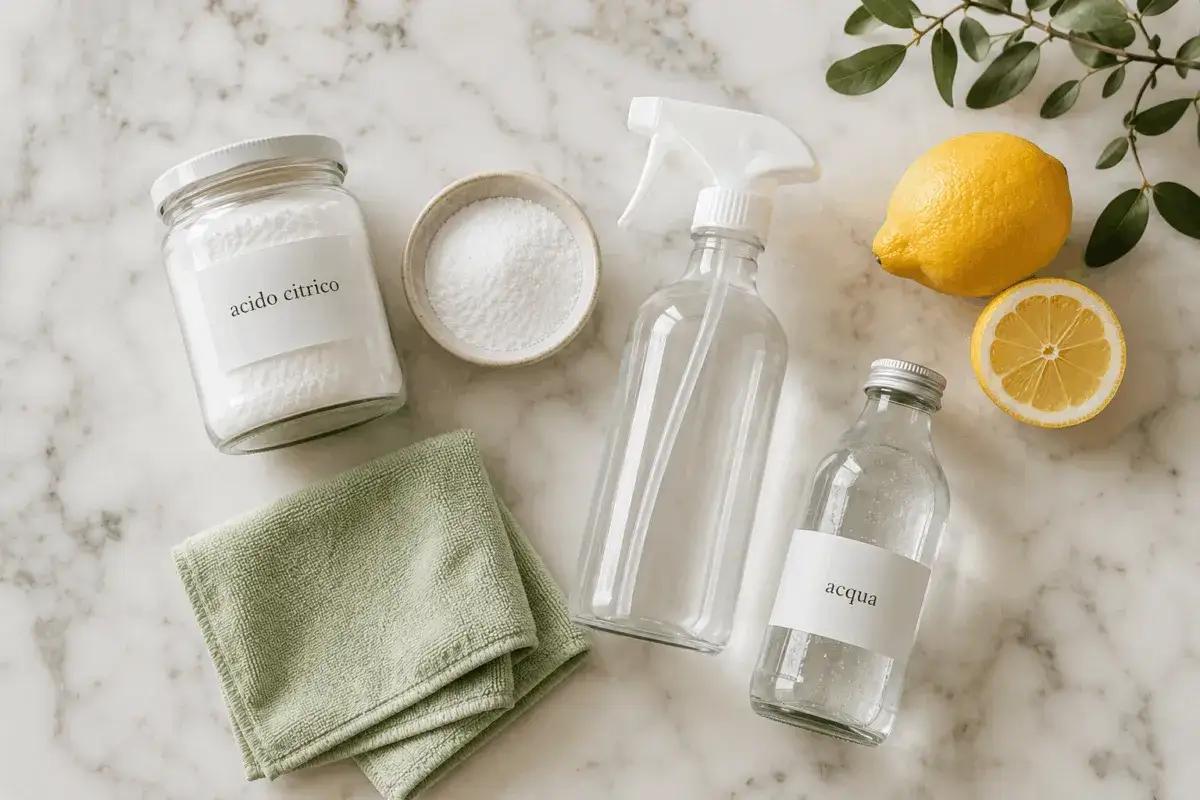 Acido citrico, acqua e limone per pulizie ecologiche. Un kit fai-da-te per la casa.