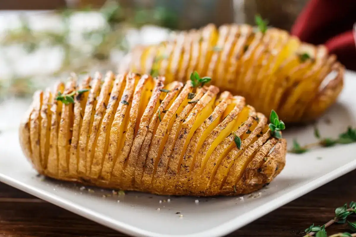 Patate hasselback dorate e croccanti, appena sfornate dalla friggitrice ad aria, guarnite con erbe aromatiche fresche.