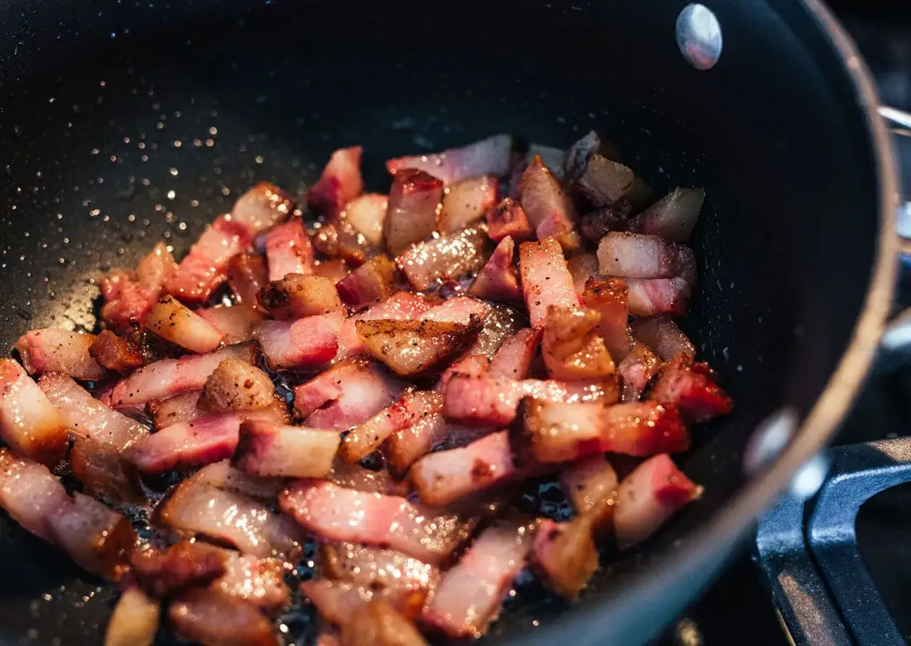 Cubetti di guanciale per carbonara che sfrigolano in padella, pronti a rilasciare il loro sapore inconfondibile.