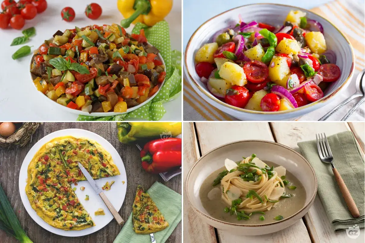 Quattro piatti gustosi con verdure che non gonfiano la pancia: ratatouille, insalata di patate, frittata e pasta con piselli.